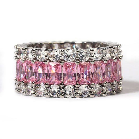 Three Tier Emerald and Round Stone Ring - Pink